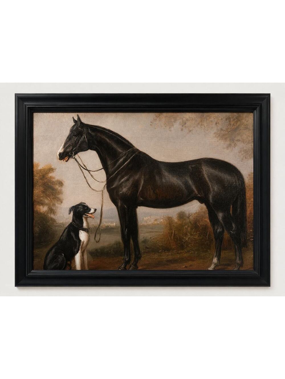 Vintage Style Black Horse & Dog Framed Equestrian Art Print Country Decor